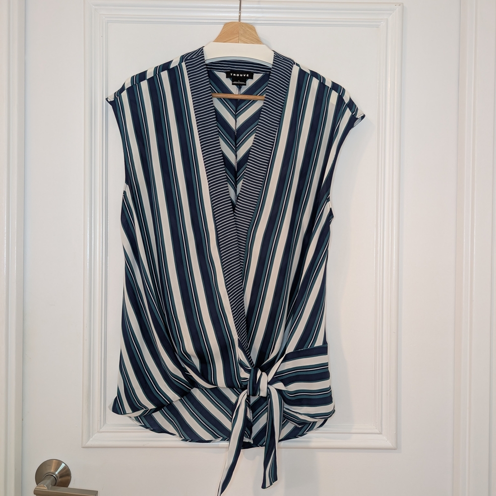 Trouvé Navy, Green and White Striped Blouse with Tie Front